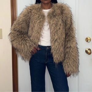 Meshki Faux Fur Teddy Jacket in Tan